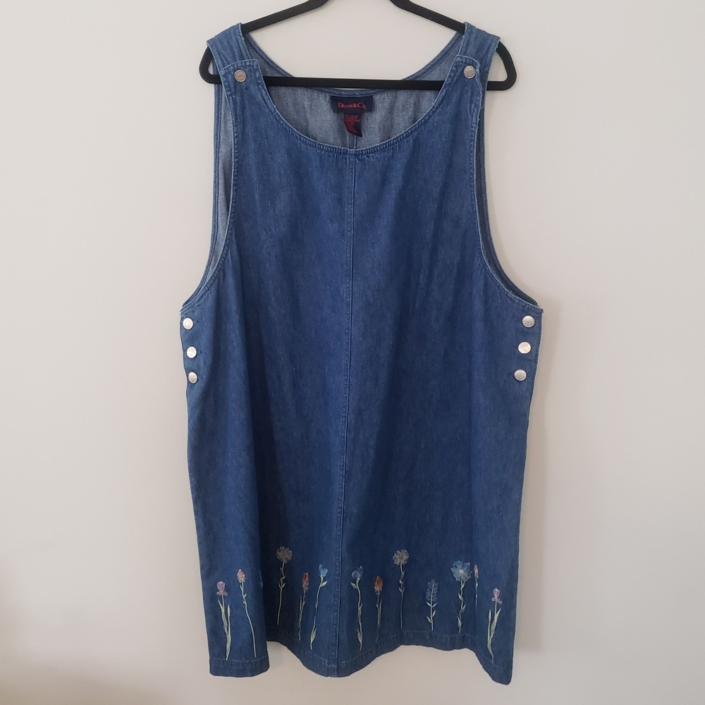 Vintage Denim & Co Embroidered Jumper Overall Dress SIZE 2X Cottage Minimal Blue